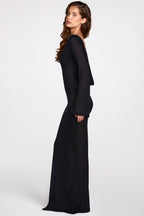 Chic Sheer Jersey Long-Sleeve Backless Maxi Dress in Black