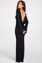 Chic Sheer Jersey Long-Sleeve Backless Maxi Dress in Black