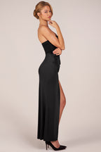 Chic Bandeau Draped Thigh-High Maxi Dress in Black