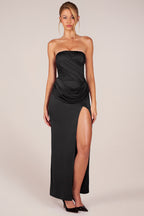 Chic Bandeau Draped Thigh-High Maxi Dress in Black