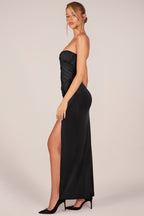 Chic Bandeau Draped Thigh-High Maxi Dress in Black