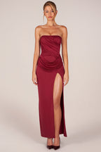 Chic Bandeau Draped Thigh-High Maxi Dress in Wine