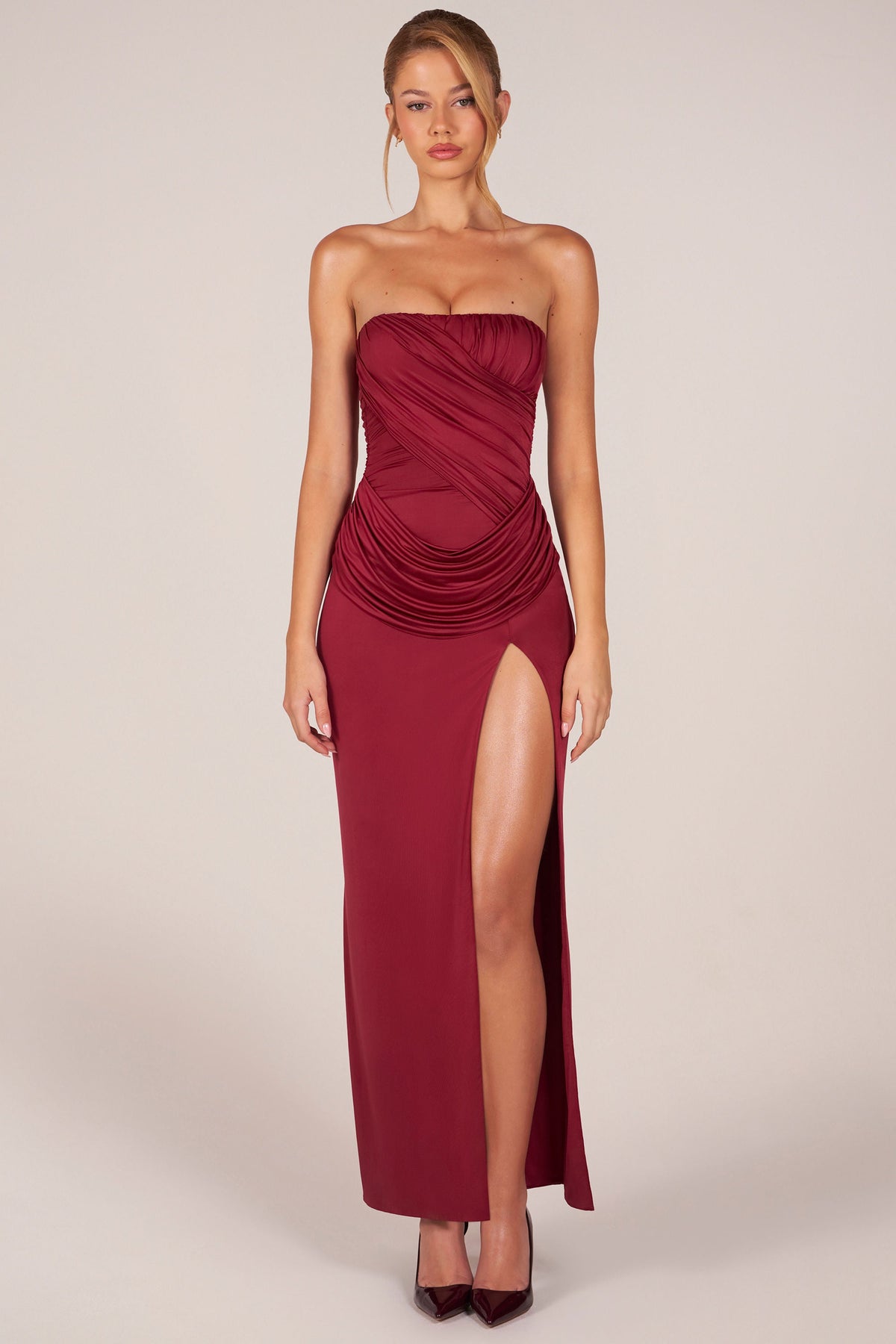 Chic Bandeau Draped Thigh-High Maxi Dress in Wine