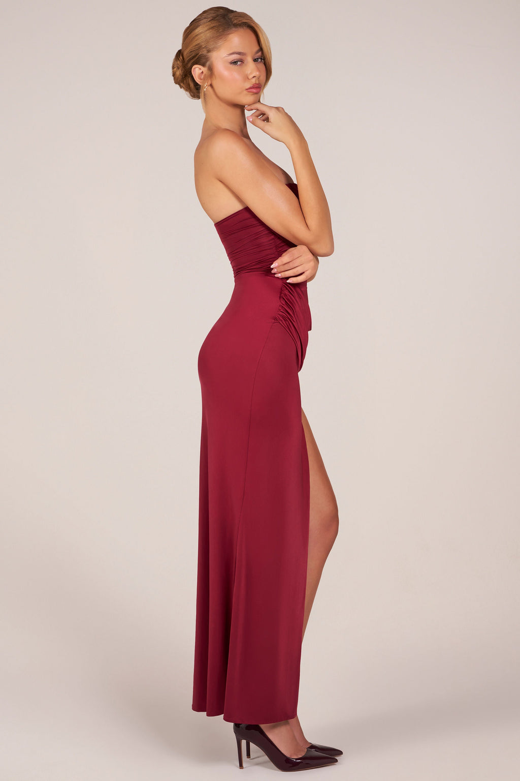 Chic Bandeau Draped Thigh-High Maxi Dress in Wine