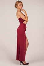 Chic Bandeau Draped Thigh-High Maxi Dress in Wine