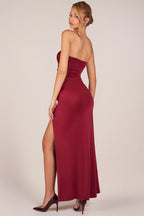 Chic Bandeau Draped Thigh-High Maxi Dress in Wine