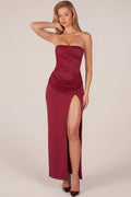 Chic Bandeau Draped Thigh-High Maxi Dress in Wine