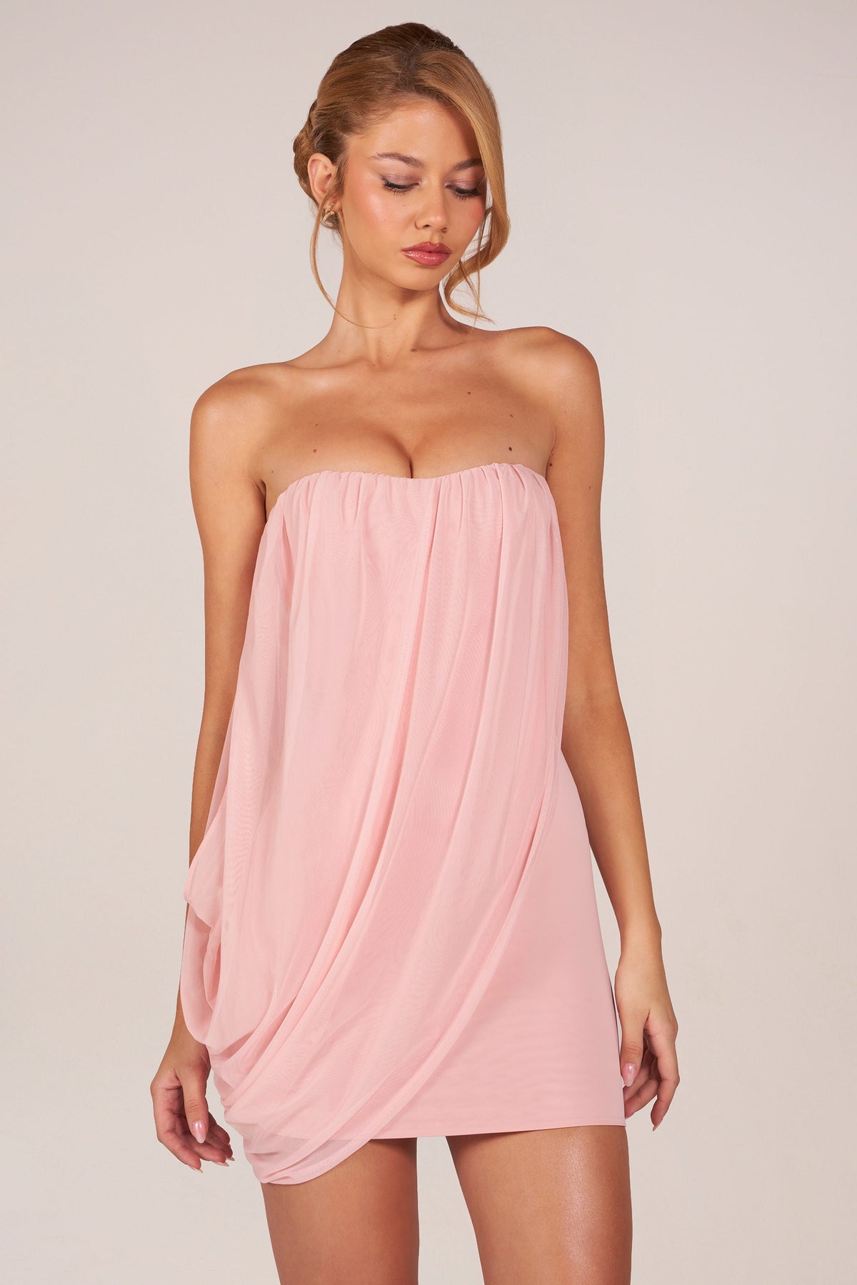 Chic Bandeau Draped Mini Dress in Blush Pink