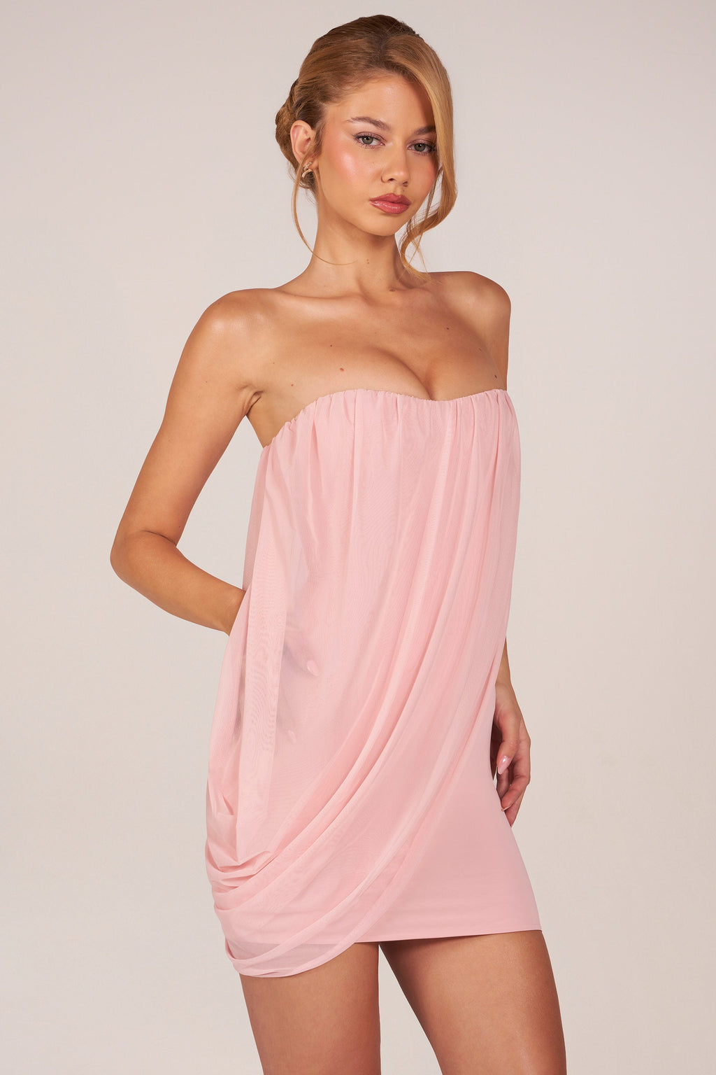 Chic Bandeau Draped Mini Dress in Blush Pink
