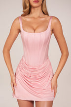 Chic Lace-Up Draped Mini Dress in Blush Pink