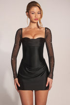 Chic Embellished Long-Sleeve Draped Mini Dress in Black
