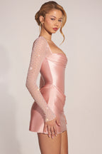 Chic Embellished Long-Sleeve Draped Mini Dress in Blush Pink