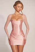 Chic Embellished Long-Sleeve Draped Mini Dress in Blush Pink