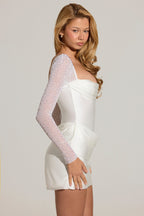 Chic Embellished Long-Sleeve Draped Mini Dress in White