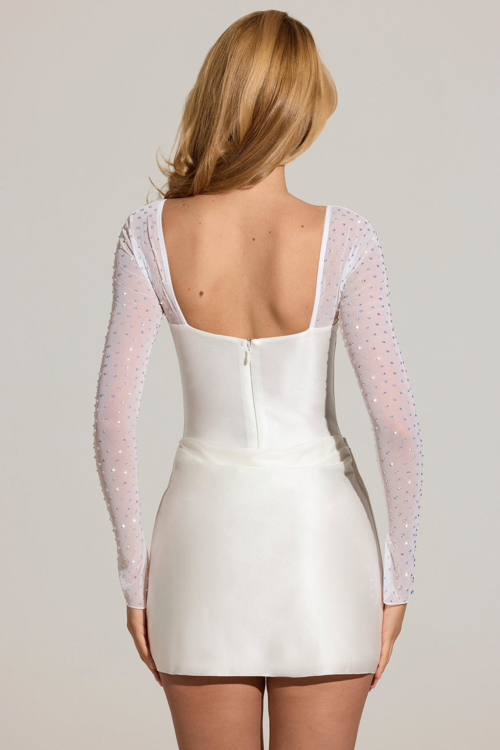 Chic Embellished Long-Sleeve Draped Mini Dress in White