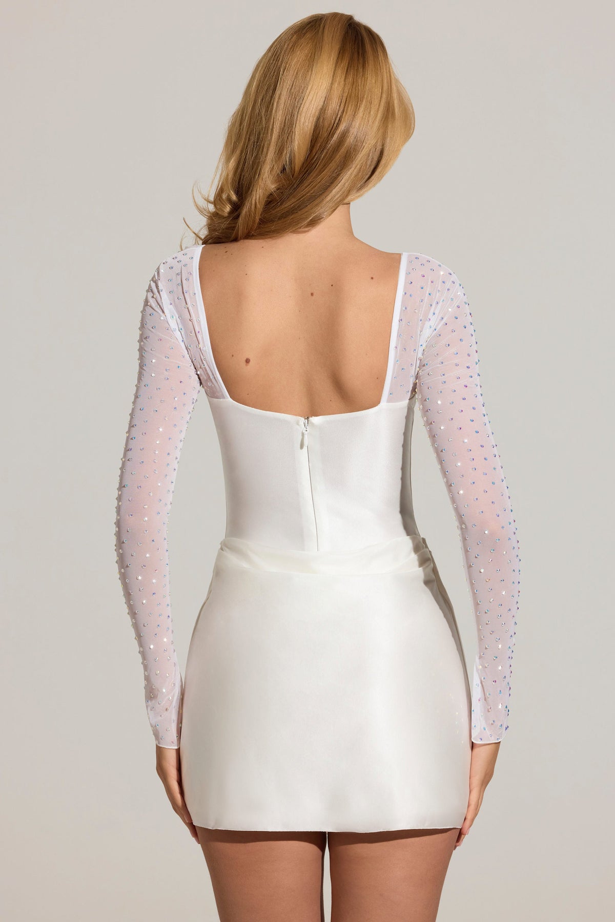 Chic Embellished Long-Sleeve Draped Mini Dress in White