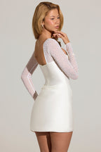 Chic Embellished Long-Sleeve Draped Mini Dress in White