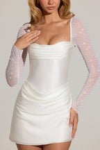 Chic Embellished Long-Sleeve Draped Mini Dress in White