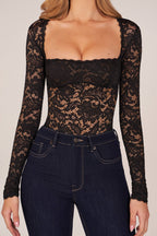 Chic Long-Sleeve Laced Bodysuit in Black