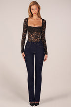 Chic Long-Sleeve Laced Bodysuit in Black