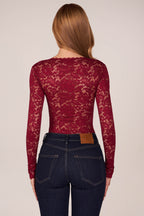 Chic Long-Sleeve Laced Bodysuit in Wine