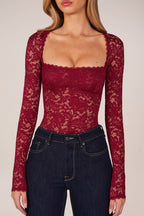 Chic Long-Sleeve Laced Bodysuit in Wine