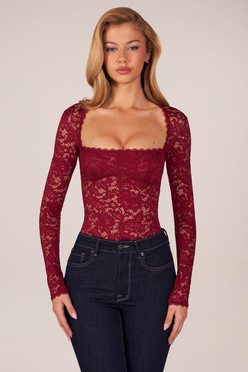Chic Long-Sleeve Laced Bodysuit in Wine