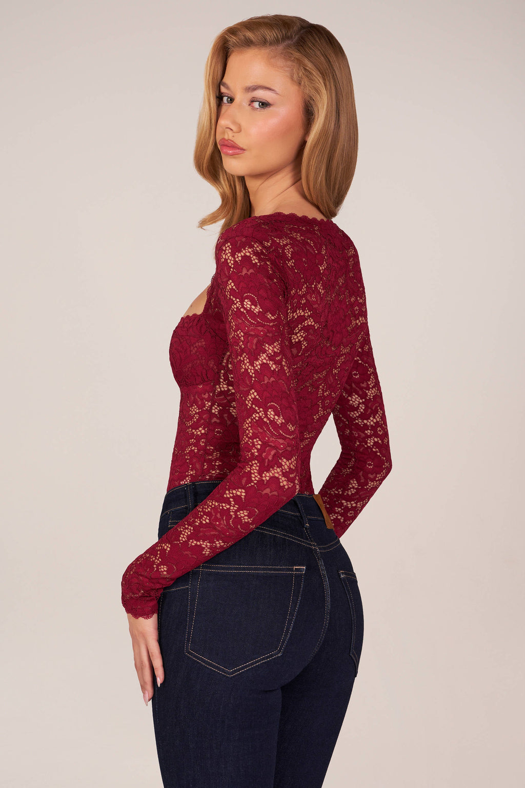 Chic Long-Sleeve Laced Bodysuit in Wine