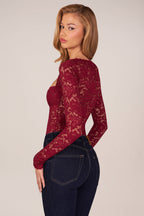 Chic Long-Sleeve Laced Bodysuit in Wine