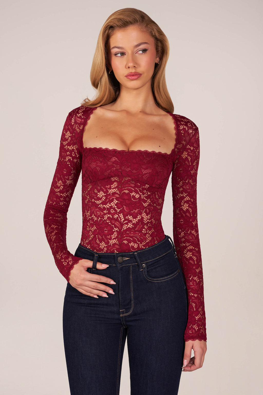 Chic Long-Sleeve Laced Bodysuit in Wine