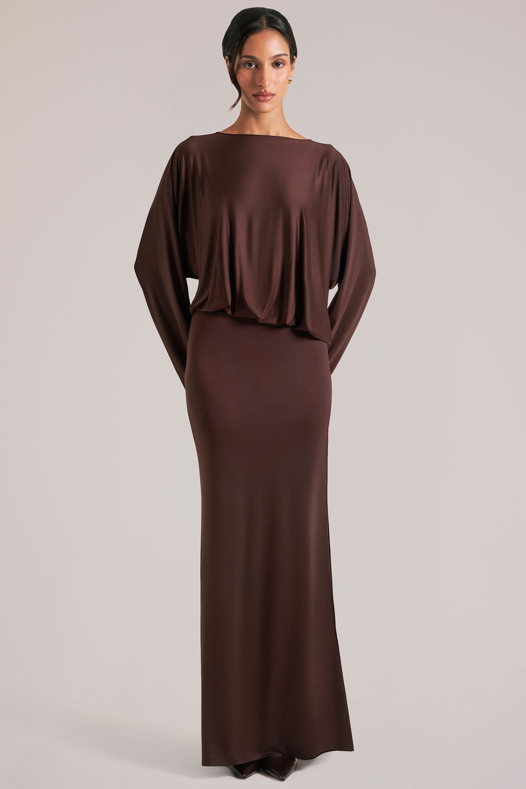 Chic Long-Sleeve Draped Maxi Dress in Chocolate Brown