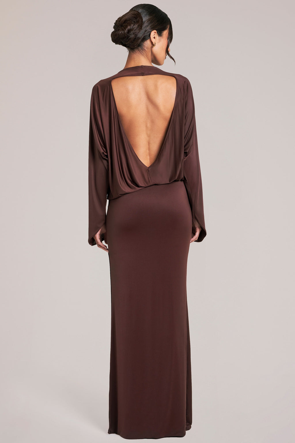Chic Long-Sleeve Draped Maxi Dress in Chocolate Brown