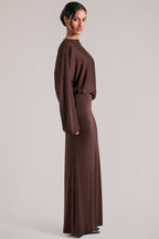 Chic Long-Sleeve Draped Maxi Dress in Chocolate Brown
