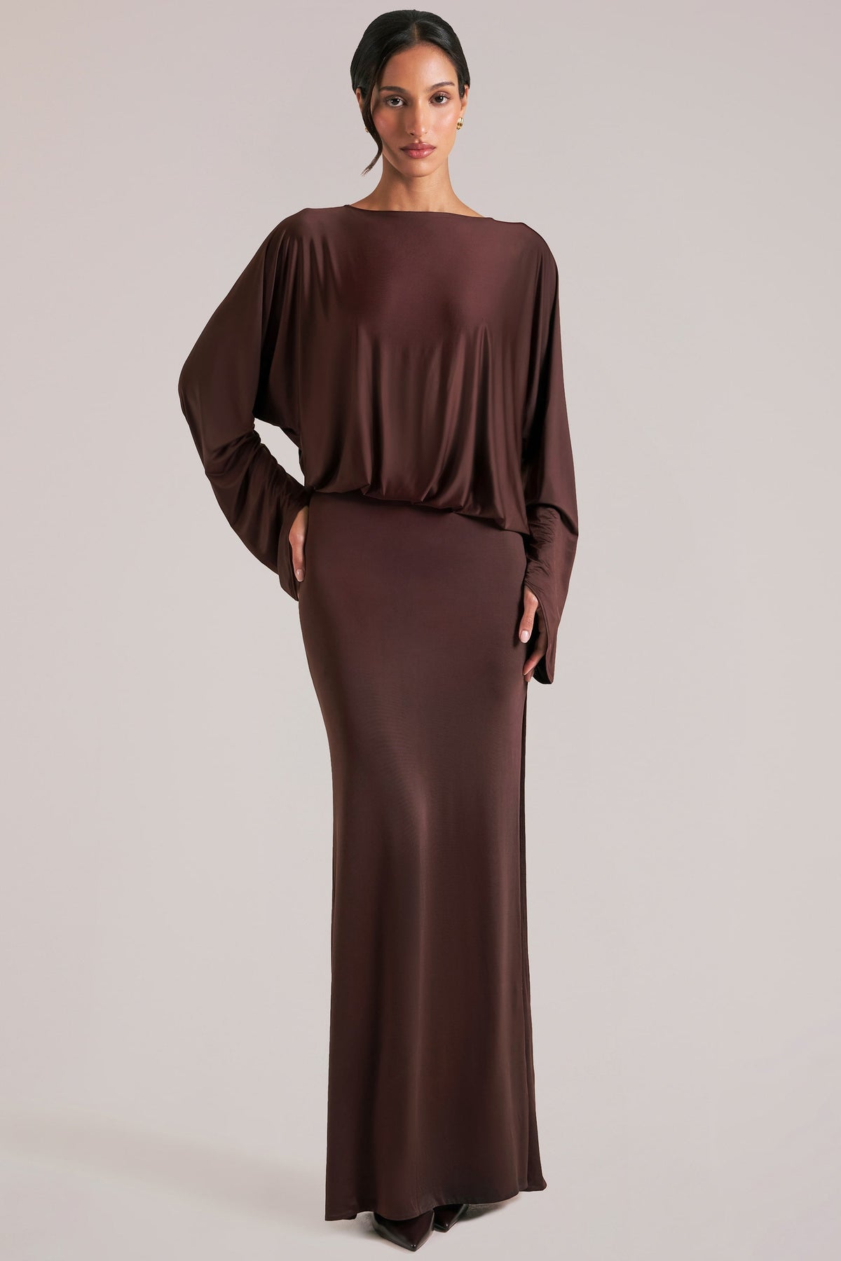 Chic Long-Sleeve Draped Maxi Dress in Chocolate Brown