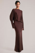 Chic Long-Sleeve Draped Maxi Dress in Chocolate Brown