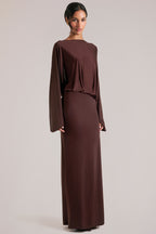 Chic Long-Sleeve Draped Maxi Dress in Chocolate Brown