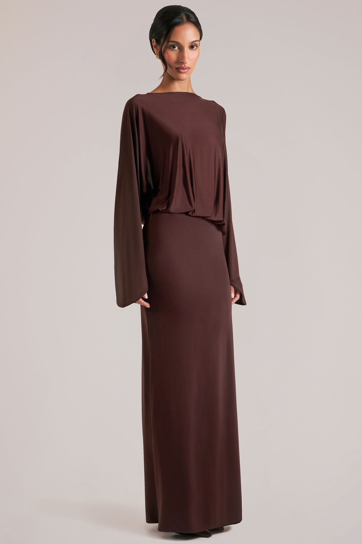 Chic Long-Sleeve Draped Maxi Dress in Chocolate Brown