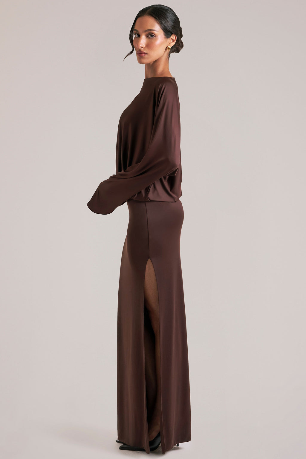 Chic Long-Sleeve Draped Maxi Dress in Chocolate Brown