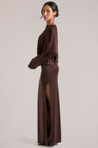 Chic Long-Sleeve Draped Maxi Dress in Chocolate Brown