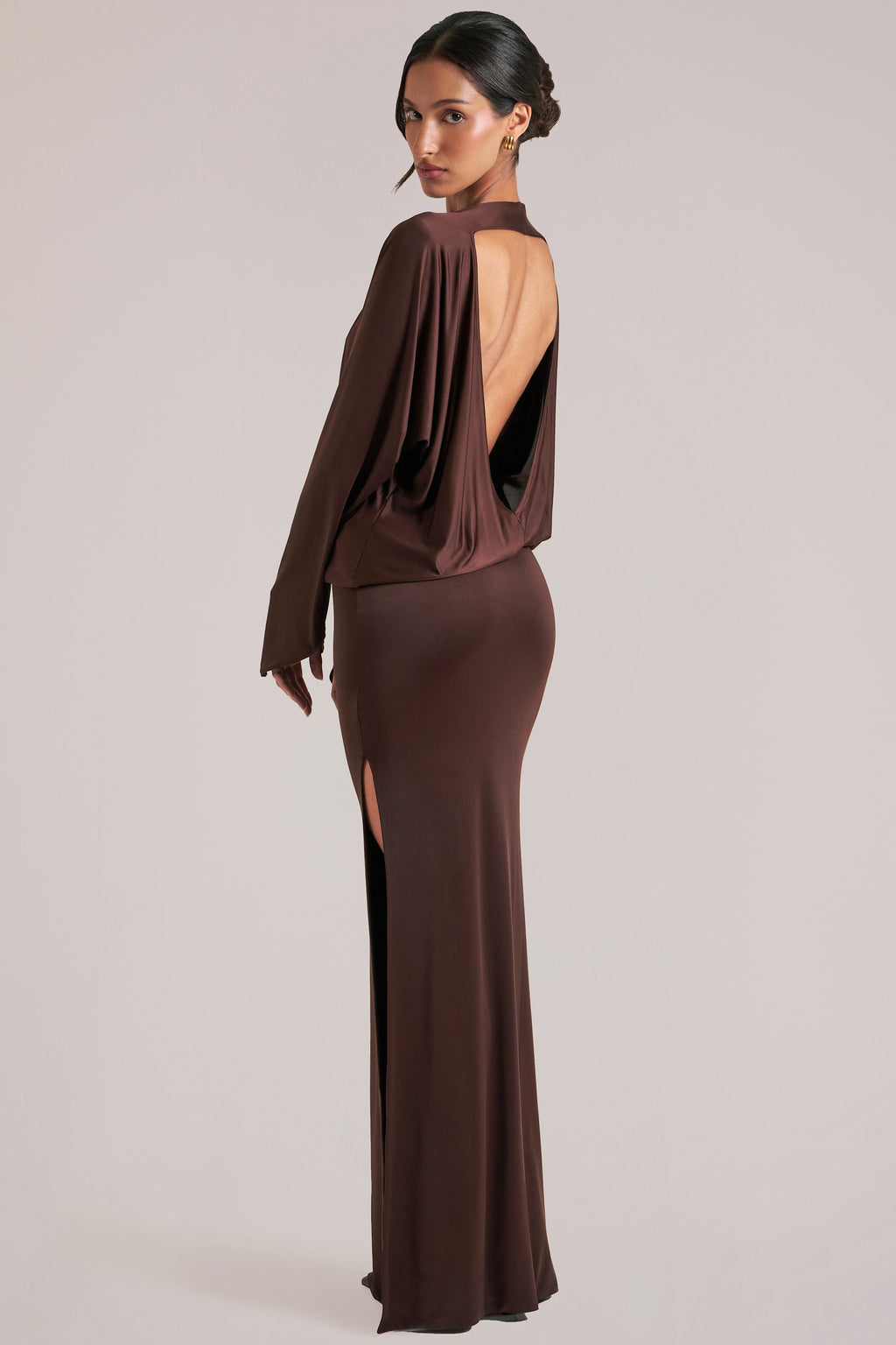 Chic Long-Sleeve Draped Maxi Dress in Chocolate Brown