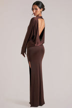 Chic Long-Sleeve Draped Maxi Dress in Chocolate Brown