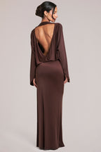 Chic Long-Sleeve Draped Maxi Dress in Chocolate Brown