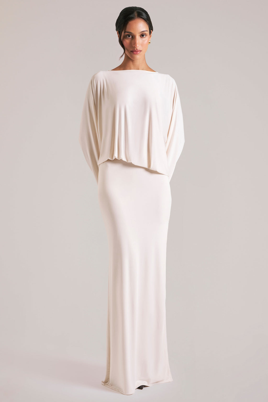 Chic Long-Sleeve Draped Maxi Dress in Vanilla