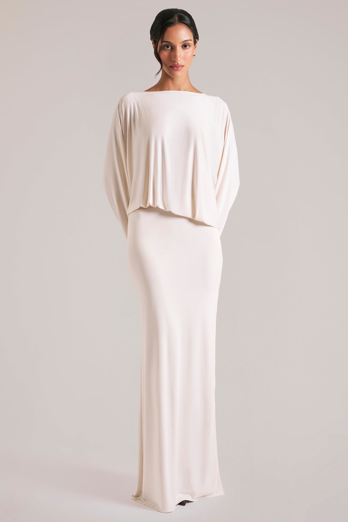 Chic Long-Sleeve Draped Maxi Dress in Vanilla