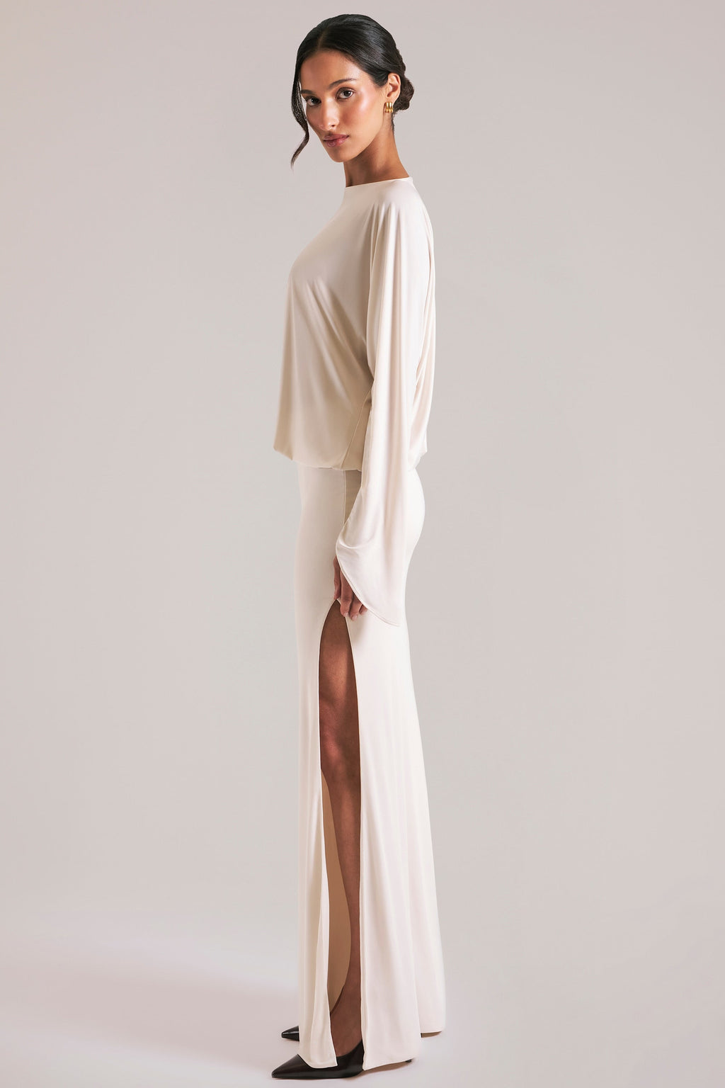 Chic Long-Sleeve Draped Maxi Dress in Vanilla