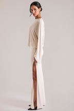 Chic Long-Sleeve Draped Maxi Dress in Vanilla