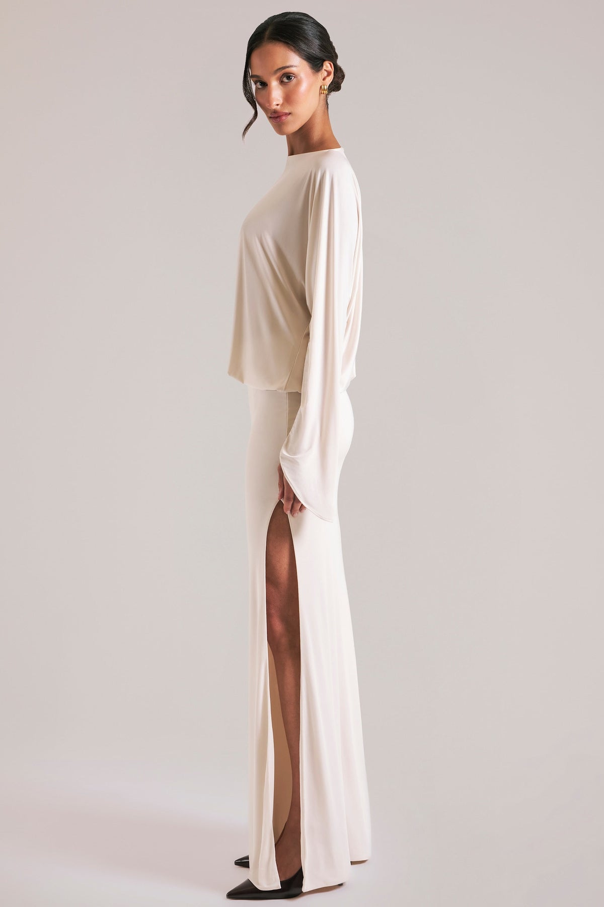 Chic Long-Sleeve Draped Maxi Dress in Vanilla
