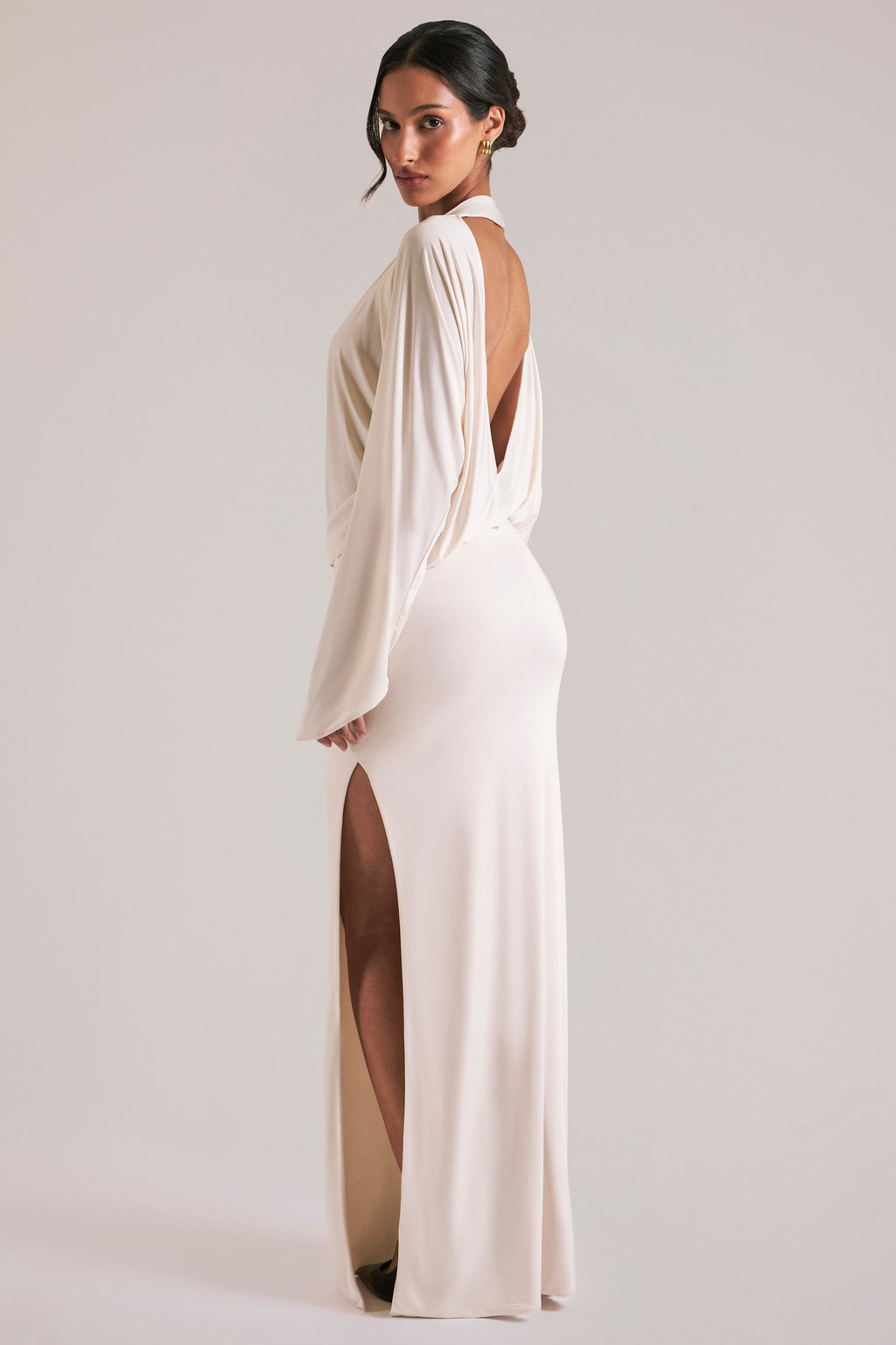 Chic Long-Sleeve Draped Maxi Dress in Vanilla