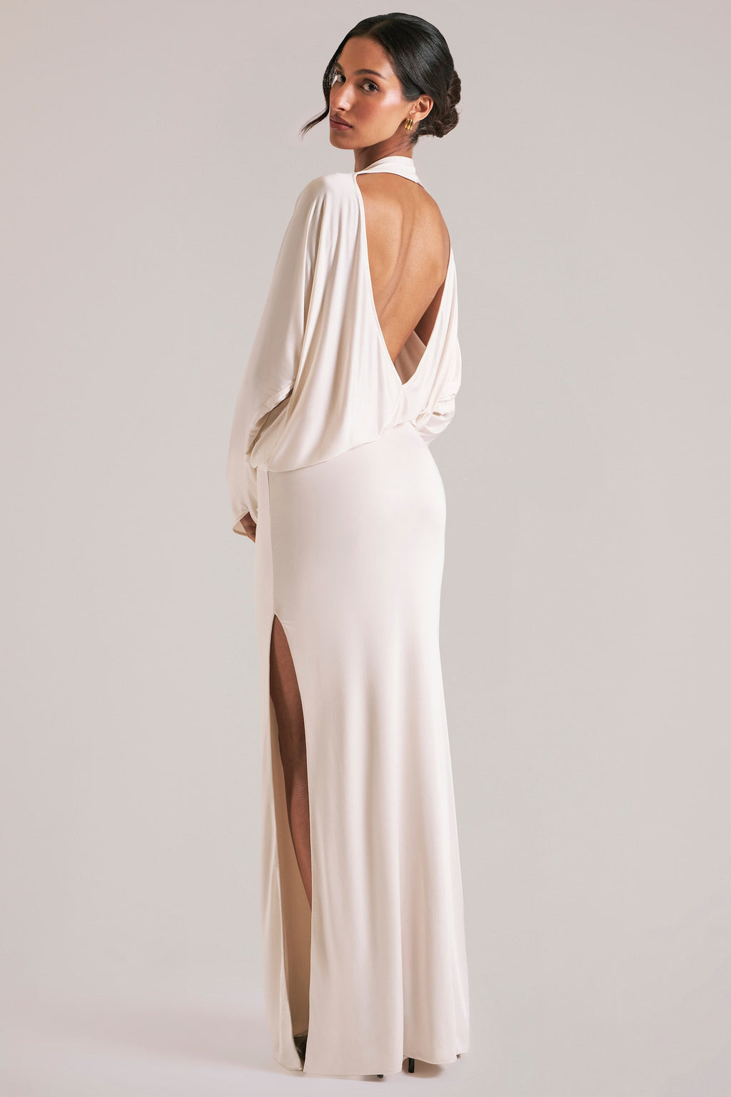 Chic Long-Sleeve Draped Maxi Dress in Vanilla