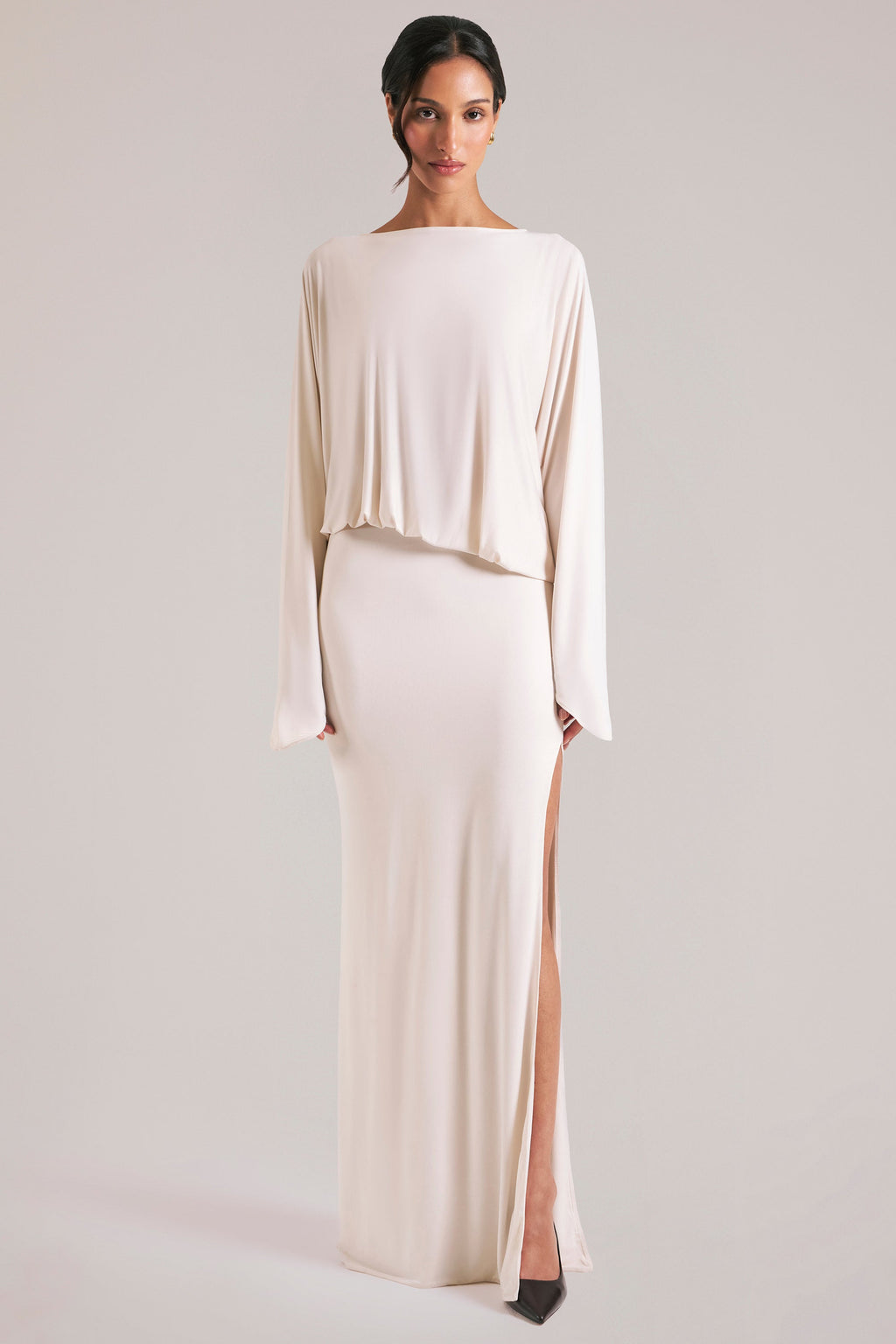 Chic Long-Sleeve Draped Maxi Dress in Vanilla